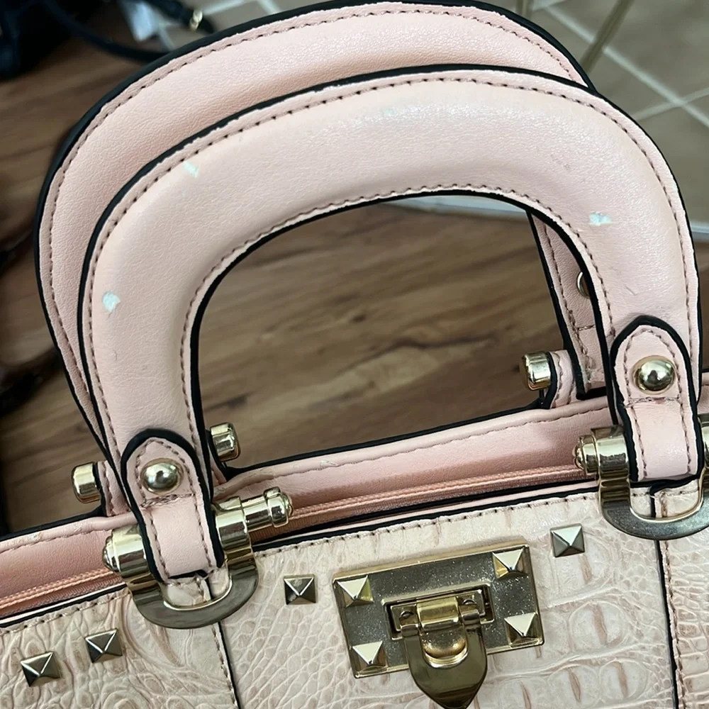 Faux leather croc print structured bag with gold tone rock stud detail